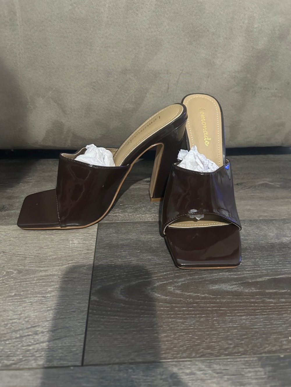 Lola Shoetique Patent Square-Toe Mule Heels in Dark Brown
